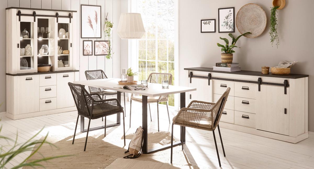 ESSZIMMER-SET weiß Pinie, anthrazit Landhaus, Wohnkombination 2-teilig mit Buffetschrank - Anthrazit/Weiß, Holzwerkstoff/Metall (315/201/43cm) - Furn.Design