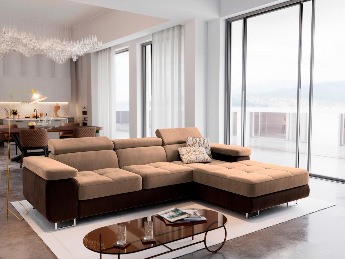 ECKSOFA ELMA R-S Beige Velours-Stoff mit Schlaffunktion - Beige/Silberfarben, Holz/Textil (280/205cm) - MASSENO