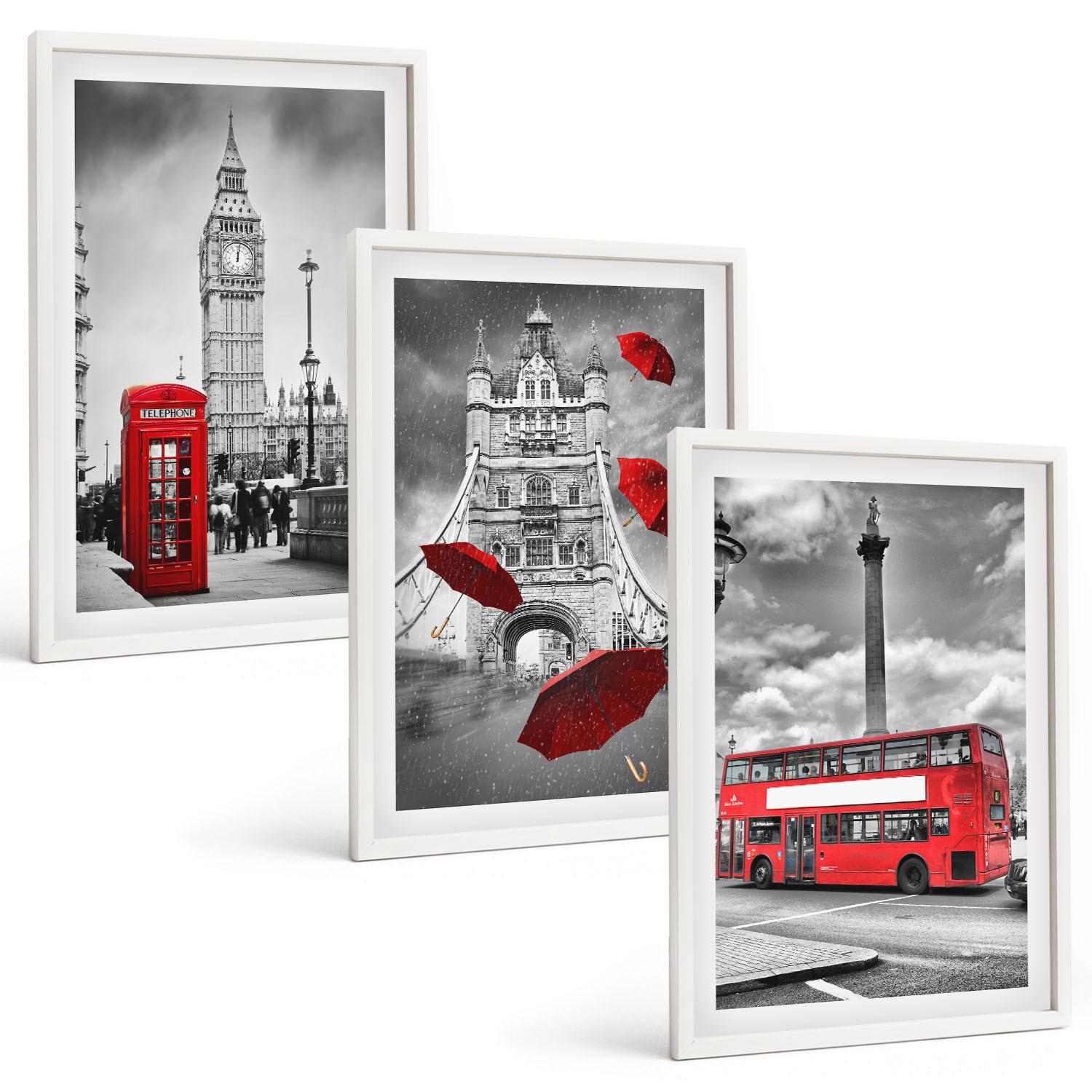 BILDER SET 3er Set - 40x60 cm Weißer Rahmen - Roter Regenschirmstand und Londoner Bus - Weiß, Kunststoff (40/60cm) - TULUP