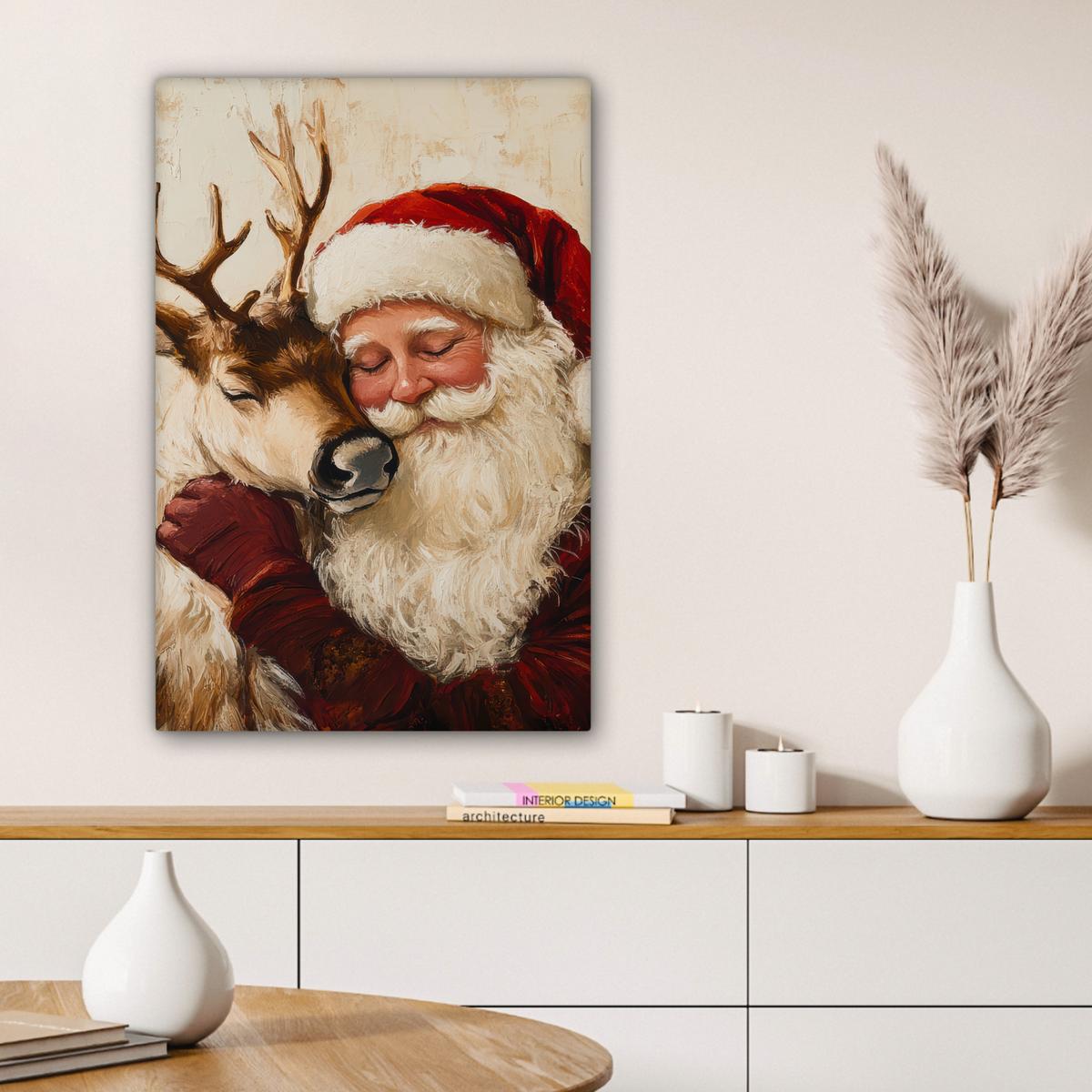 LEINWANDBILD Weihnachtsmann - Rentier - Weihnachten Wanddeko 40x60 cm - Rotbraun, Textil (40/60cm) - MuchoWow