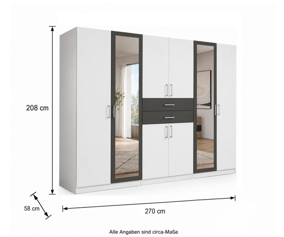 DREHTÜRENSCHRANK B270/H208/T58 cm, Weiß mit Absetzungen in Grafit, Kleiderschrank mit 2 Spiegeltüren & Schubkästen / 22594 - Silberfarben/Graphitfarben, Holzwerkstoff/Kunststoff (270/208/58cm) - luma-home