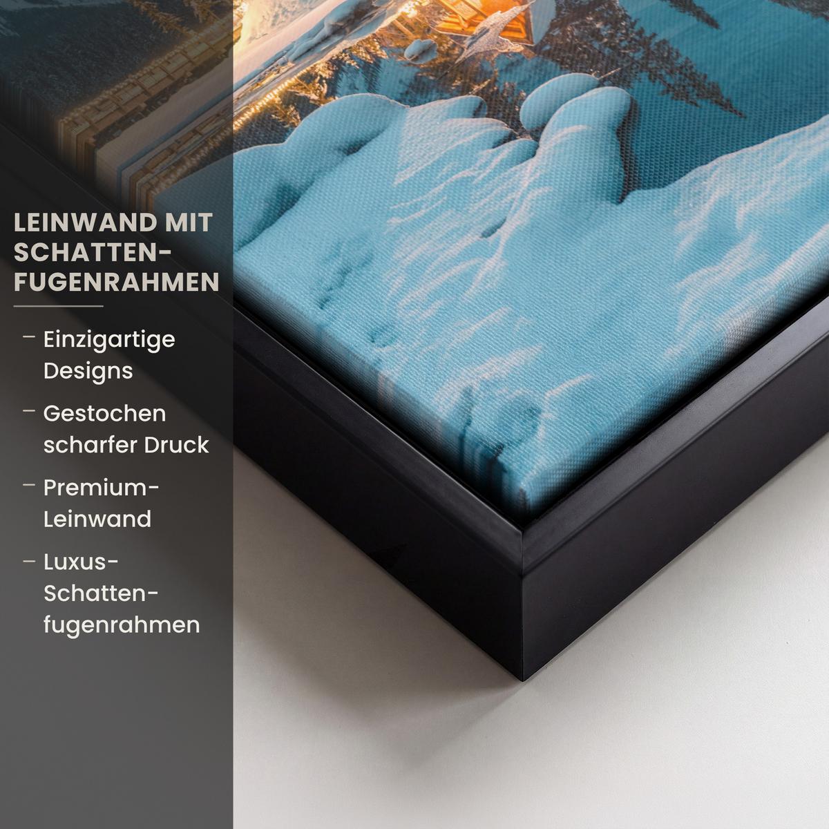 LEINWAND Bilder mit Rahmen - Winterlandschaft - Natur - Haus - Berge - Schnee - 20x30 - Hellblau, Textil (20/30cm) - MuchoWow