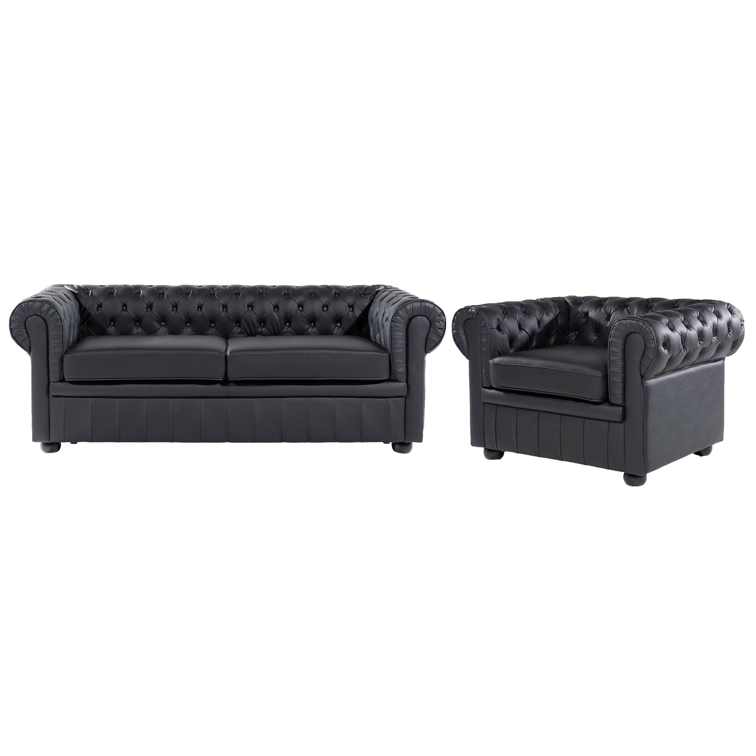 SOFA-SET 4-Sitzer Echtleder Schwarz Chesterfield - Schwarz/Braun, Fell (195/70/90cm) - Beliani