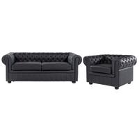 SOFA-SET 4-Sitzer Echtleder Schwarz Chesterfield - Schwarz/Braun, Fell (195/70/90cm) - Beliani