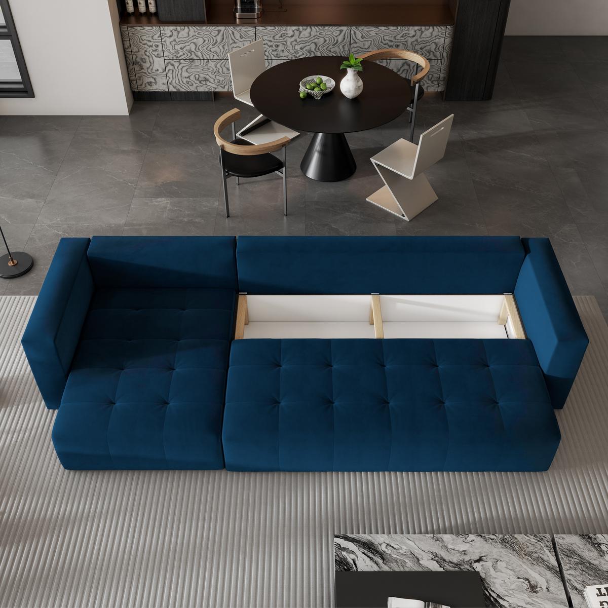 ECKSOFA OLVERA Blau Plüsch-Stoff mit Schlaffunktion - Blau, Holz (347/148cm) - MASSENO