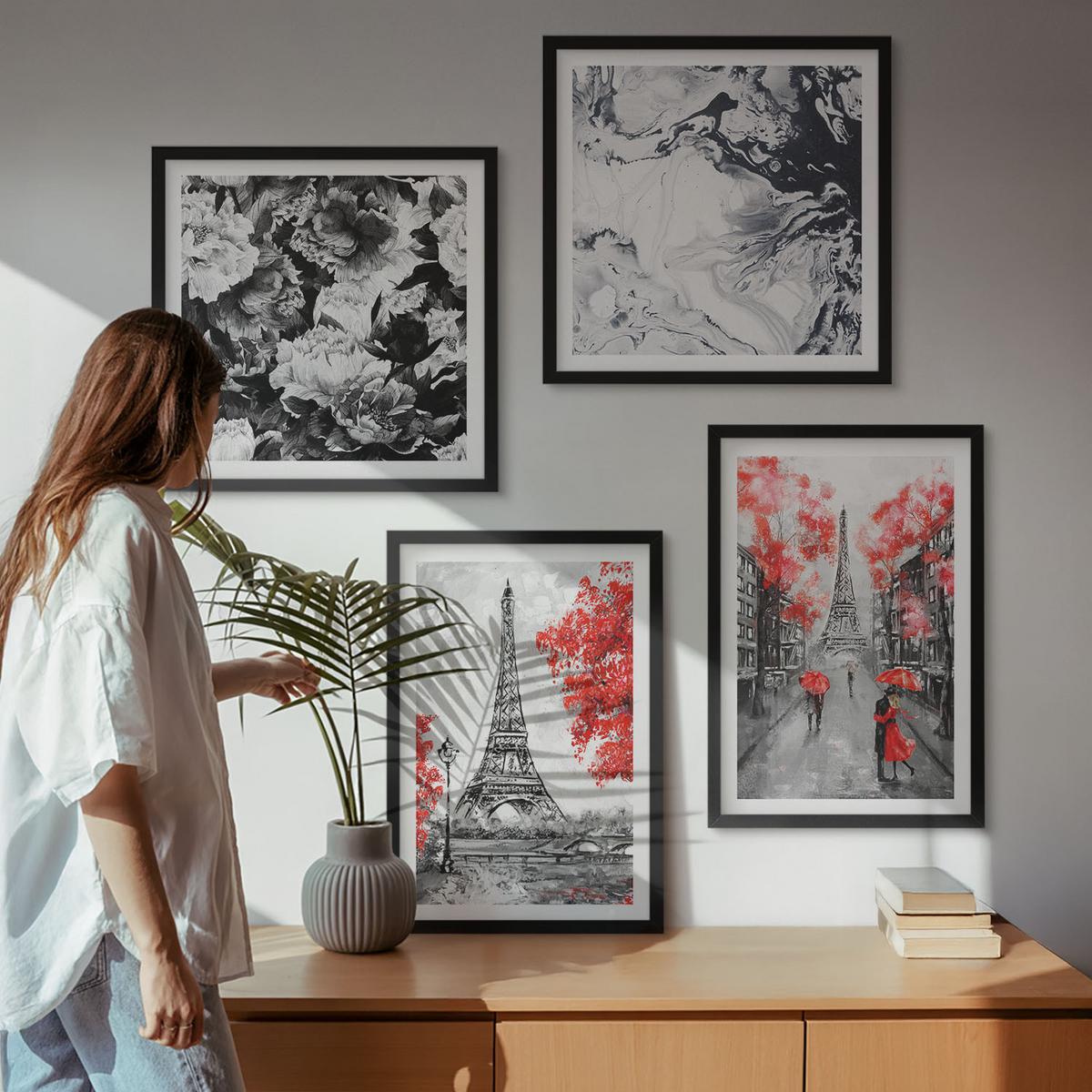 BILDER SET 4er Set - 50x50 cm & 40x60 cm Schwarzer Rahmen - graue Gemälde des Eiffelturms - Schwarz, Kunststoff (50/50cm) - TULUP