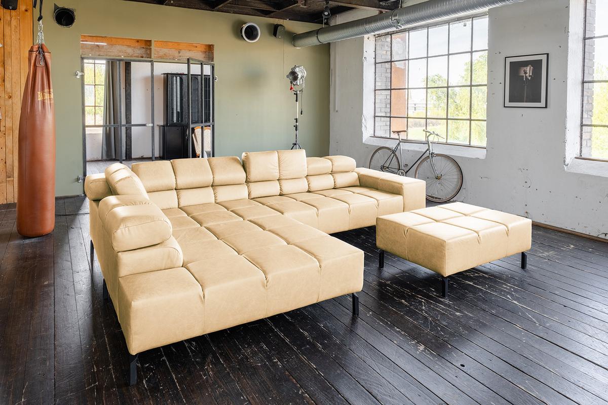ECKSOFA NELSON Beige Leder - Beige/Schwarz, Leder/Metall (321/216cm) - KAWOLA