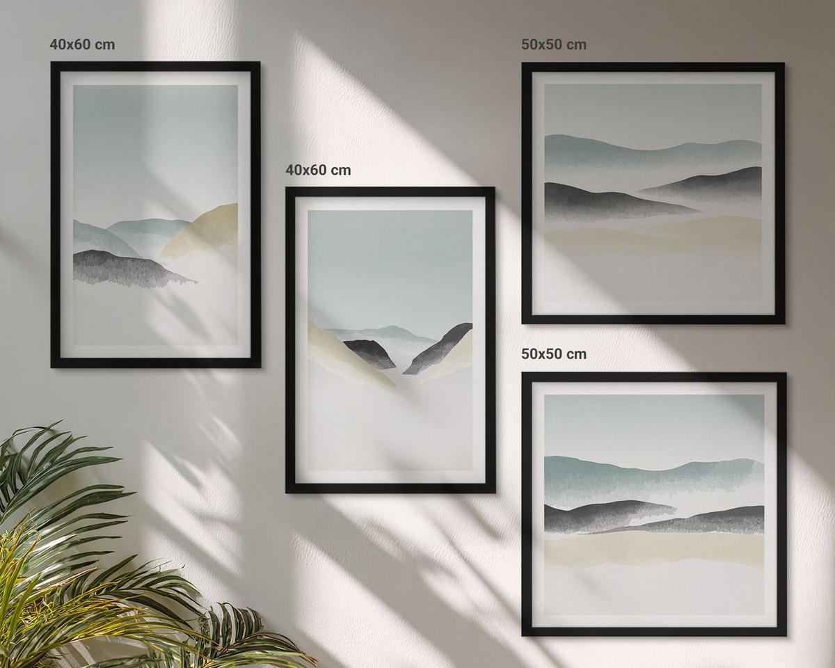 BILDER SET 4er Set - 50x50 cm & 40x60 cm Schwarzer Rahmen - Berge minimalistische Pastellfarben - Schwarz, Kunststoff (50/50cm) - TULUP