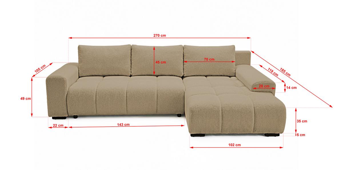 ECKSOFA Ovia mit Bettkasten und Schlaffunktion, Bouclé-Stoff in L-Form - Cappuccino, Textil (270/185cm)