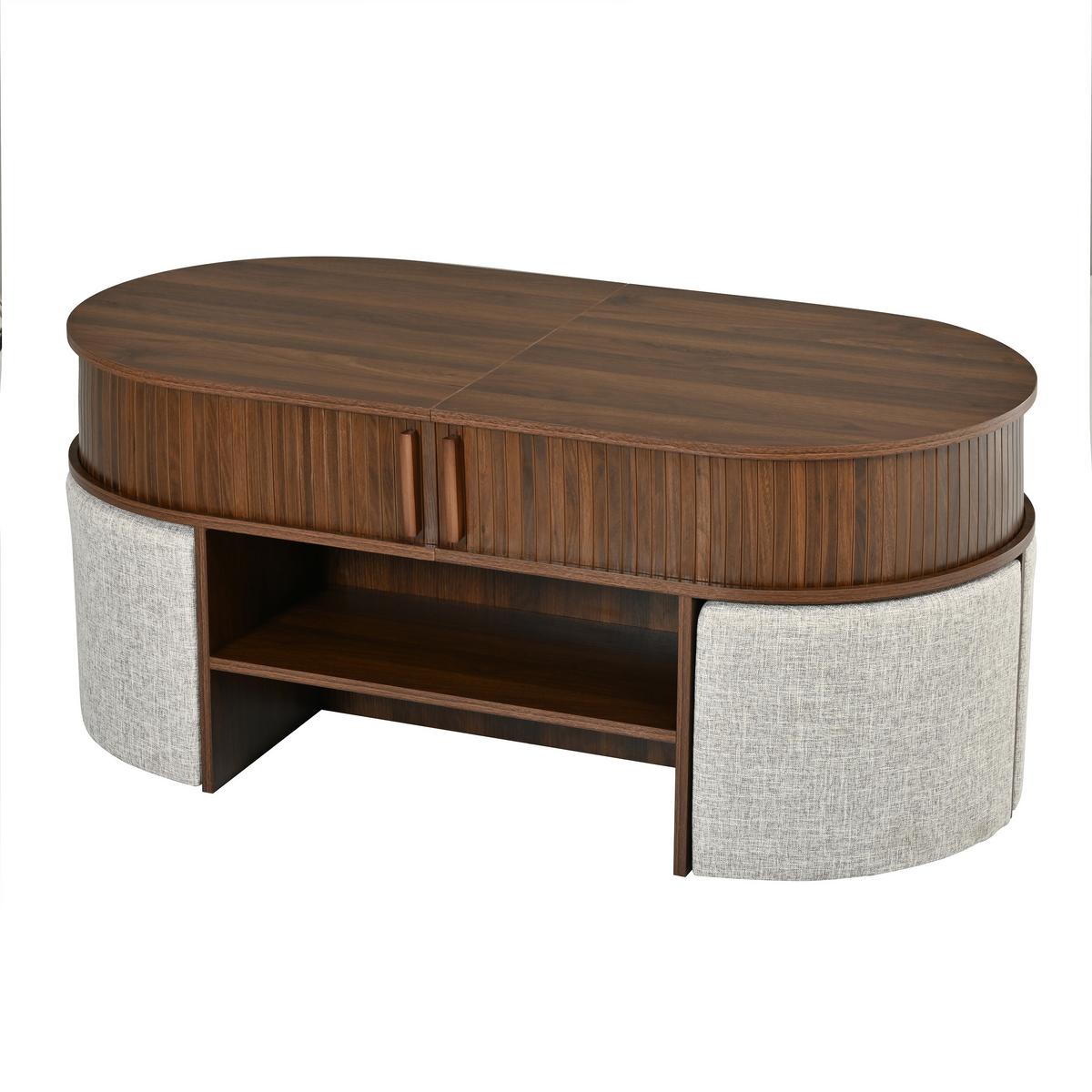 COUCHTISCH Oval Nussbaum mit Stoffhockern Schiebetüren & Rillenoptik - Walnussfarben, Holzwerkstoff (60/120/51.5cm) - Urban Meuble