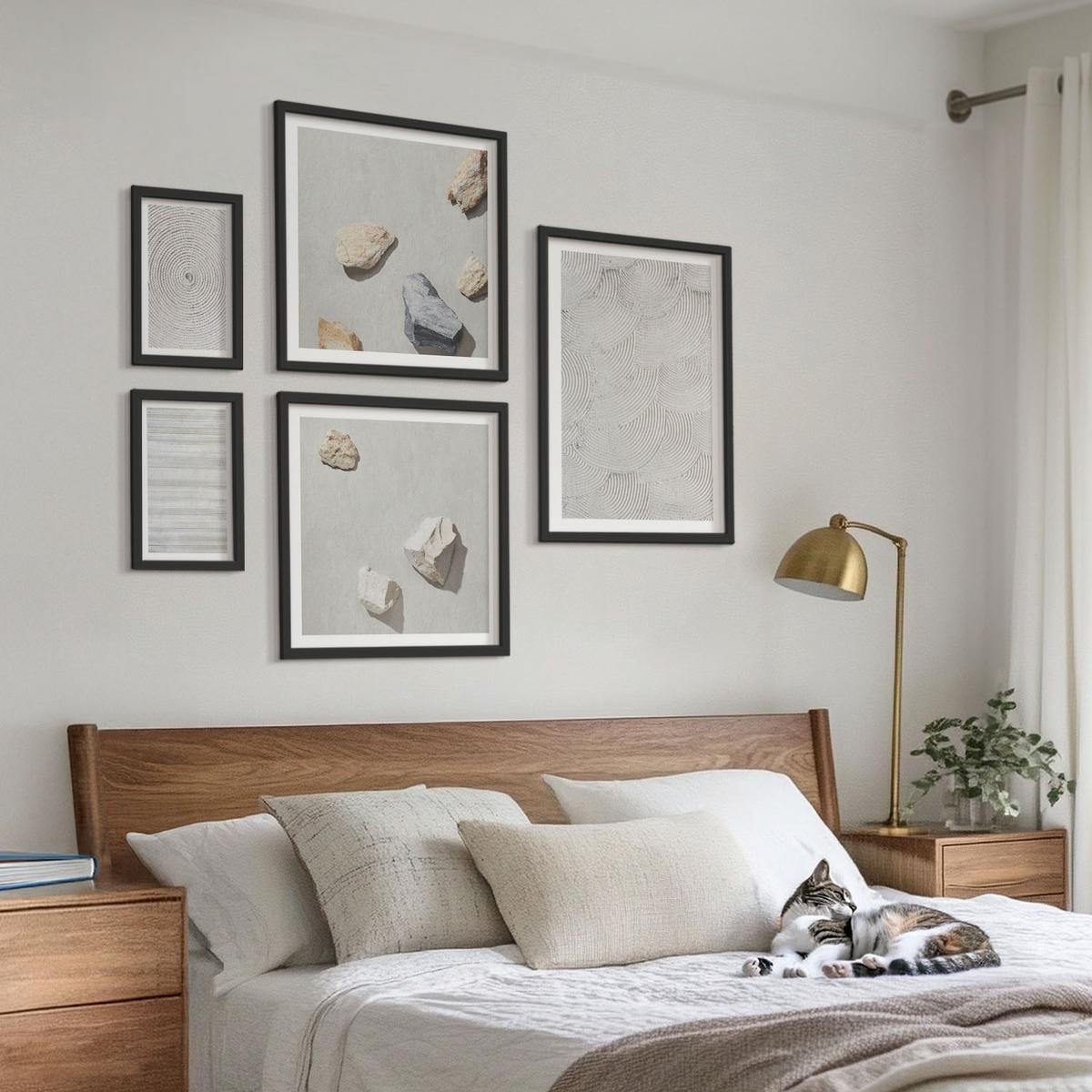 BILDER SET 5er Set - 50x50 cm & 20x30 cm & 40x60 cm Schwarzer Rahmen - Geometrische Pappsteine - Schwarz, Kunststoff (40/60cm) - TULUP