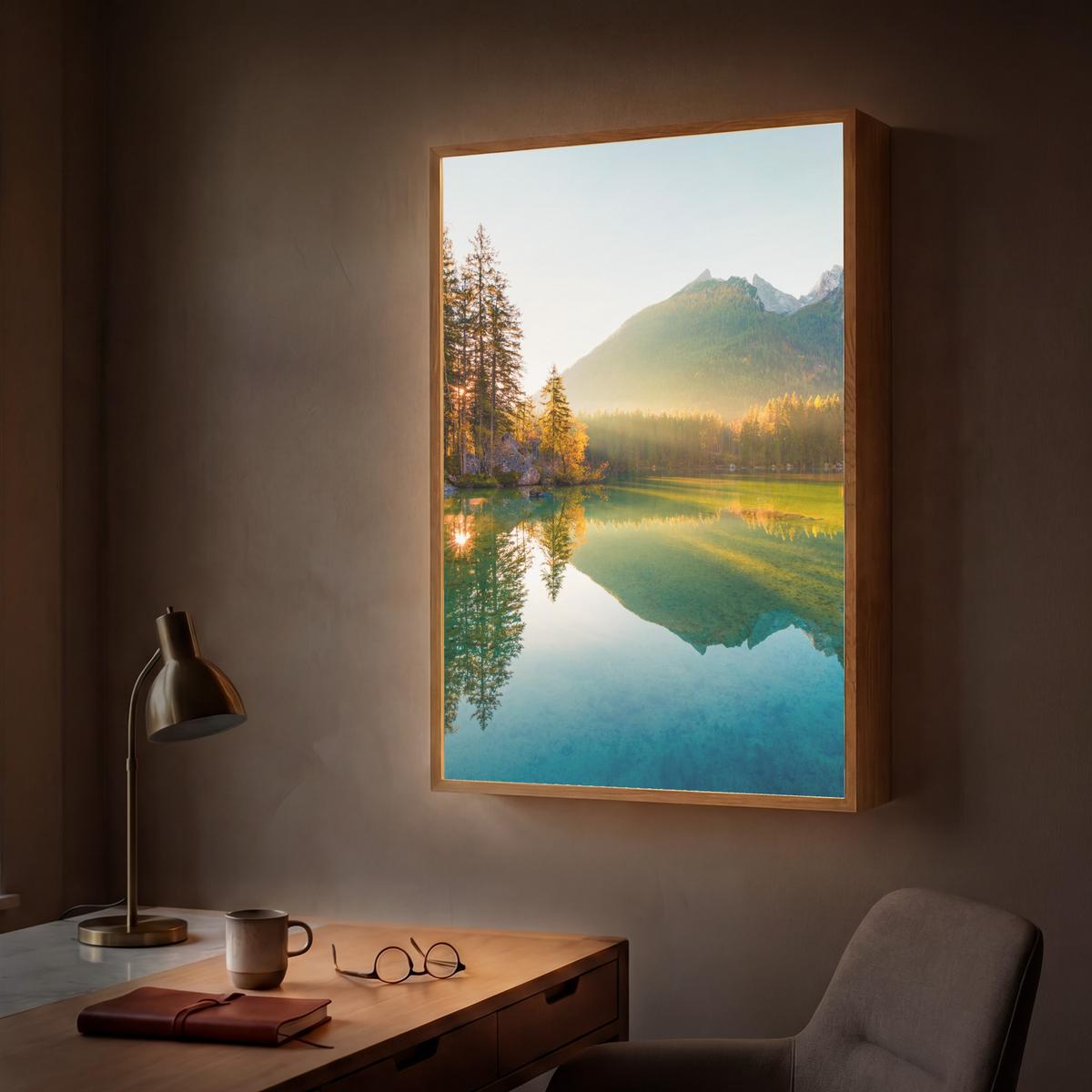 WANDLEUCHTE MIT AKKU See - Wald - Berge - Natur - Sonne - Landschaft 70x100 cm - Grün, Holzwerkstoff (70/100/8cm) - OnlyWow
