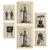 POSTER Set Mit 6 Jahrgang Vintage Papier Plakate Mit Enzyklopädie Revolutionäre Erfindungen Aus Dem Letzten Jahrhundert A3 & A4 Rahmen Aus Hellem Holz - Beige, Papier (29/3cm) - Nacnic