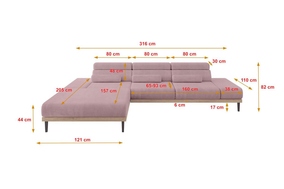 ELEKTRISCHES ECKSOFA Links MONA 316x205x85 Rosa Cord - Rosa, Holzwerkstoff/Textil (316/205cm) - ALTDECOR