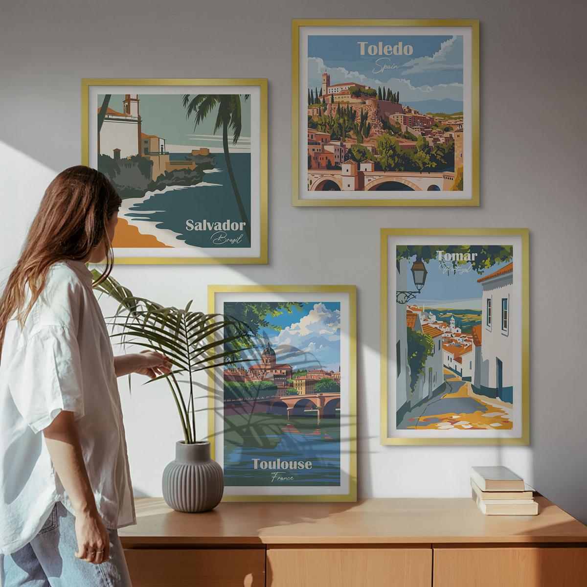 BILDER SET 4er Set - 50x50 cm & 40x60 cm Goldrahmen - Retro-Stadtgrafiken - Goldfarben, Kunststoff (50/50cm) - TULUP