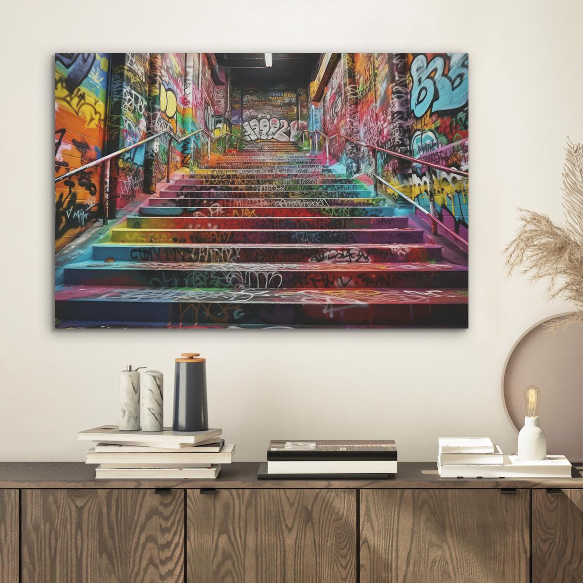 AKUSTIKBILD Treppe - Graffiti - Farben - Kunst Wanddeko 70x50 cm - Multicolor, Kunststoff (70/50/0.9cm) - MuchoWow