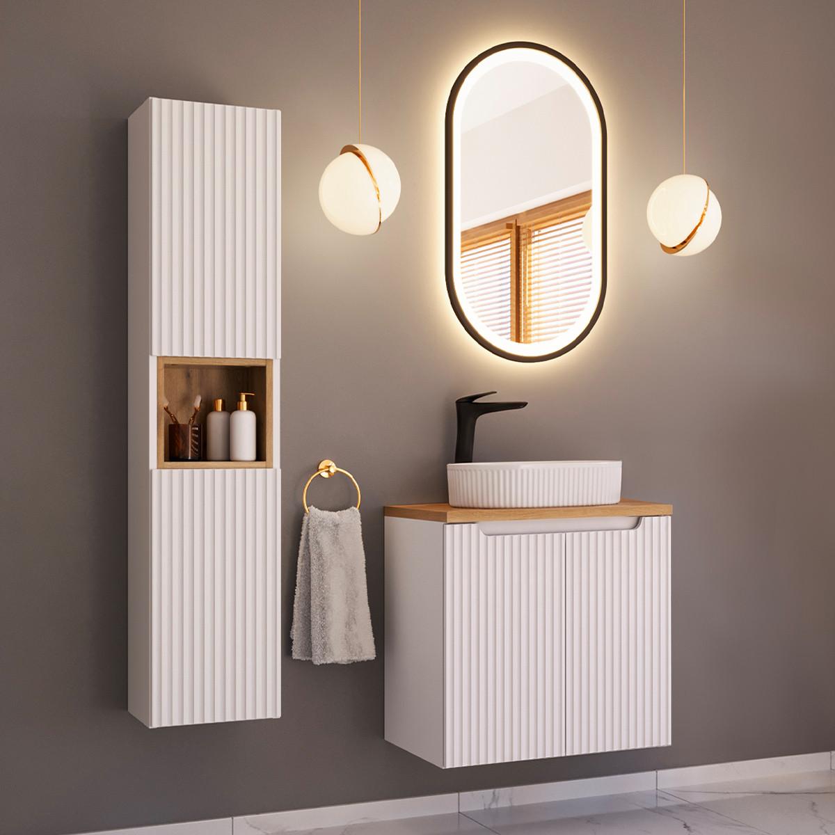 BADMÖBEL 60cm Riva 2er-Set Weiß und Holz - Weiß, Holzwerkstoff (60/57/40cm) - Petits-meubles