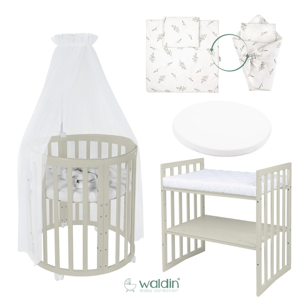 BABYBETT OLIVE OVAL 7in1 mit Matratze und Himmelset - Olivgrün/Weiß, Holz/Textil (73/125cm) - waldin