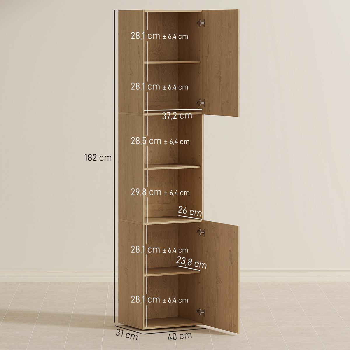 BADEZIMMERSCHRANK Spanplatte MDF Eiche - Eichefarben/Schwarz, Holzwerkstoff/Kunststoff (31/182/40cm) - HOMCOM