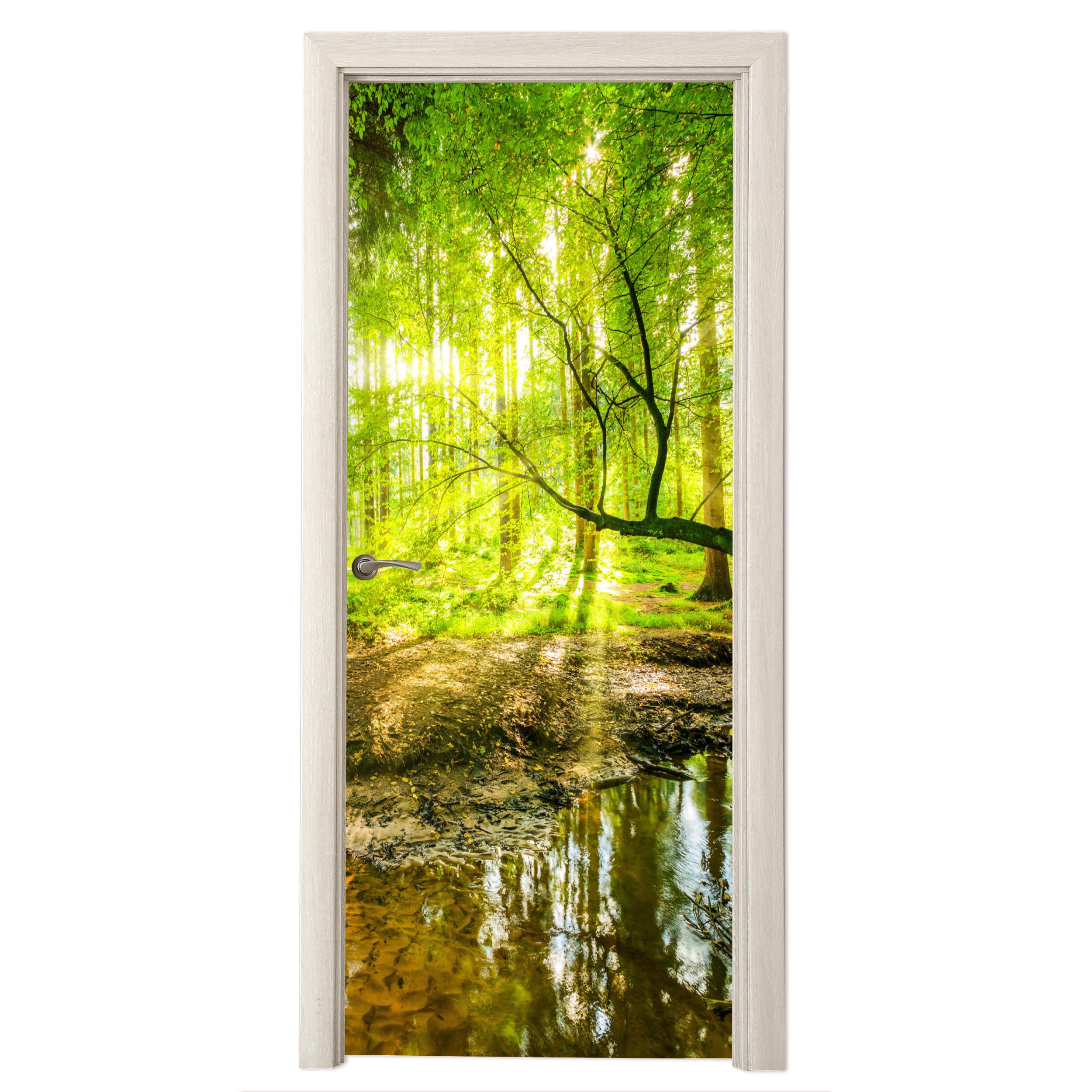 TÜRAUFKLEBER Wald - Landschaft - Wasser - Bäume - Sonne - Grün - Natur 90x235 cm - Türtapete - Hellgrün, Kunststoff (90/0.1cm) - MuchoWow