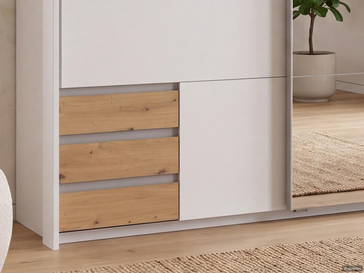 SCHWEBETÜRENSCHRANK 2-türig B183/H200/T65 cm, Passepartout-Kleiderschrank in Weiß mit Spiegel, 1x Tür & Schubkästen in Eiche Artisan Dekor / 22711 - Eichefarben/Alufarben, Holz/Holzwerkstoff (183/200/65cm) - luma-home