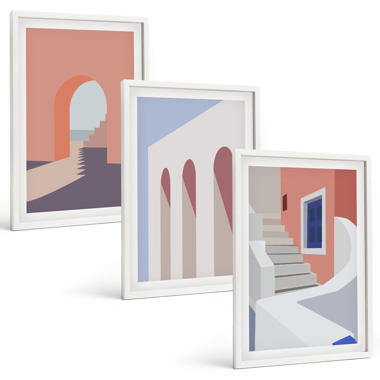 BILDER SET 3er Set - 40x60 cm Weißer Rahmen - Minimalistische Architekturillustrationen - Weiß, Kunststoff (40/60cm) - TULUP