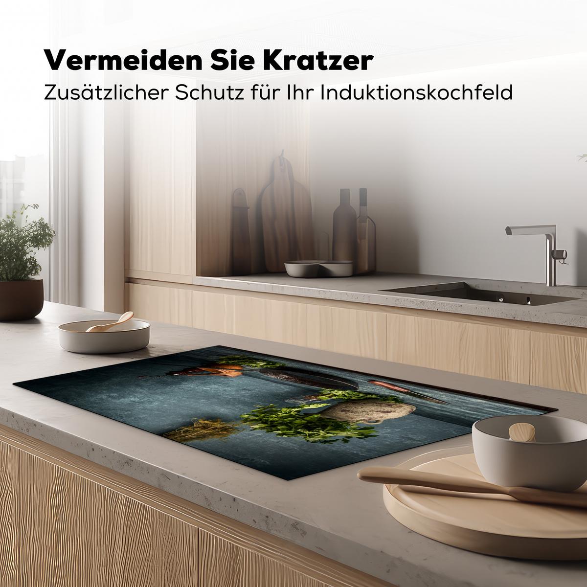 HERDABDECKPLATTE Kräuter - Gewürze - Pfanne - Messer - Grau - Rustikal Induktionsschutz 89.6x51.6 cm - Petrol, Kunststoff (89.6/51.6/0.2cm) - MuchoWow