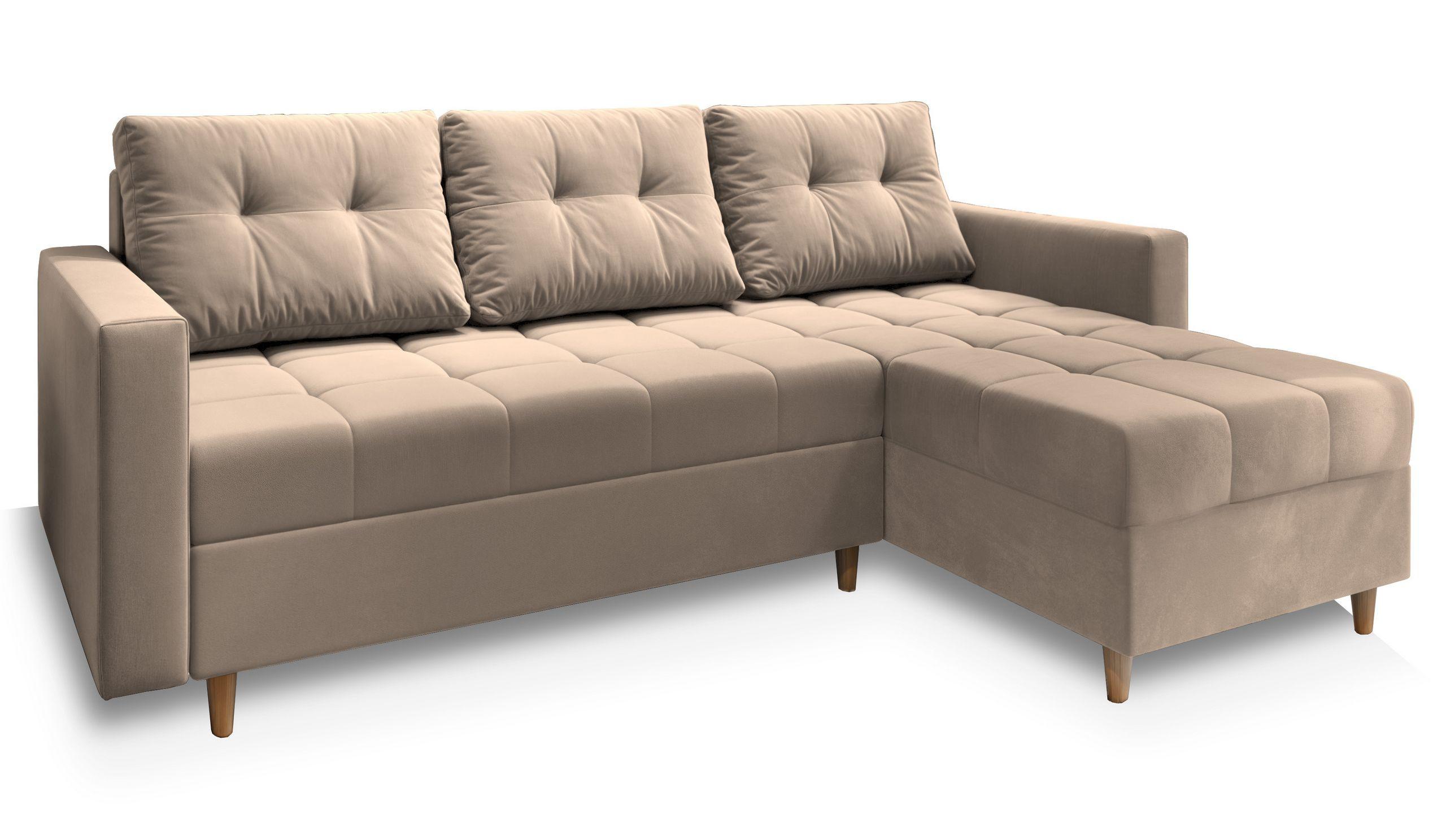 ECKSOFA MILO L Beige Plüsch-Stoff mit Schlaffunktion - Beige/Braun, Holz/Textil (220/140cm) - MASSENO