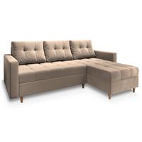 ECKSOFA MILO L Beige Plüsch-Stoff mit Schlaffunktion - Beige/Braun, Holz/Textil (220/140cm) - MASSENO