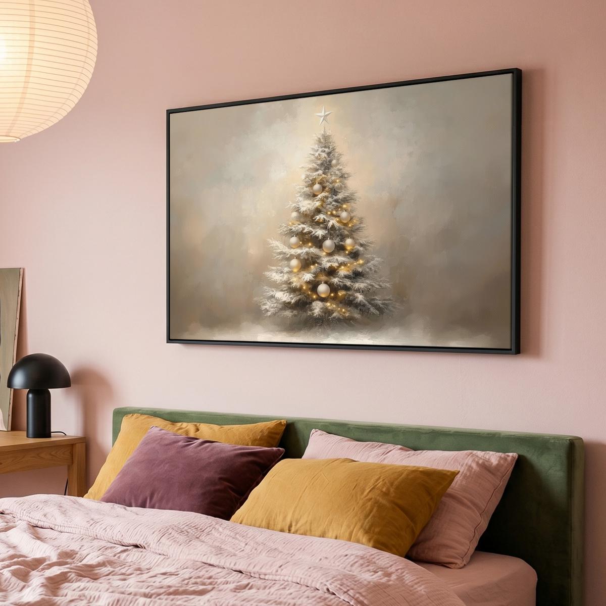 LEINWAND Bilder mit Rahmen - Weihnachten - Weihnachtsbaum - Schnee - Kunst - 120x80 - Champagner, Textil (120/80cm) - MuchoWow