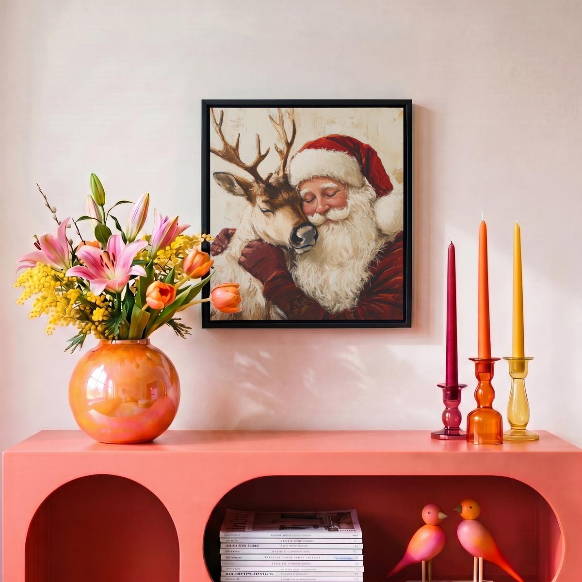 LEINWAND Bilder mit Rahmen - Weihnachtsmann - Rentier - Weihnachten - 20x20 - Rotbraun, Textil (20/20cm) - MuchoWow