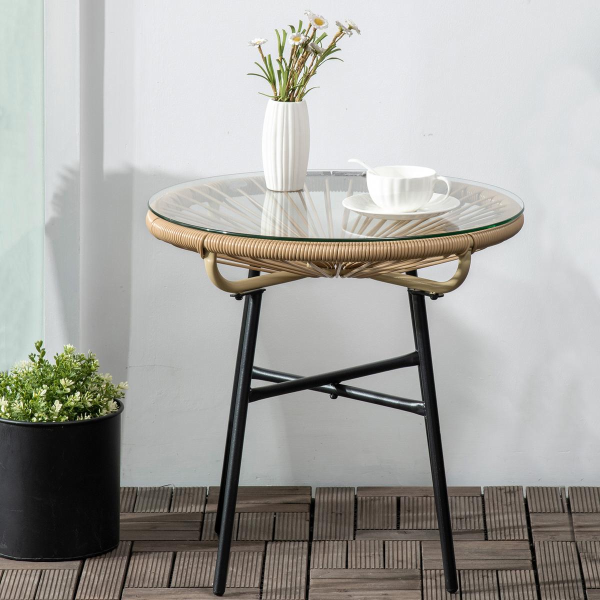 BALKONTISCH, Beige, Eisen, PE-Rattan, Glas - Beige, Kunststoff (50/50/50cm) - Outsunny