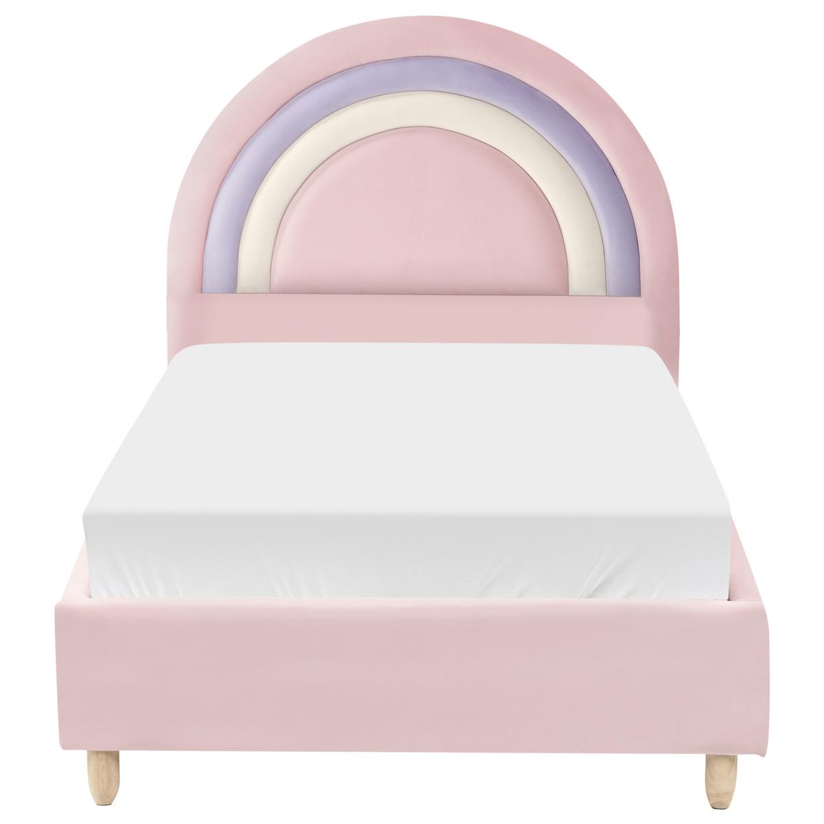 KINDERBETT Regenbogen Samtstoff 90/200 cm Rosa Landeillau - Hellbraun, Textil (90/200cm) - Beliani