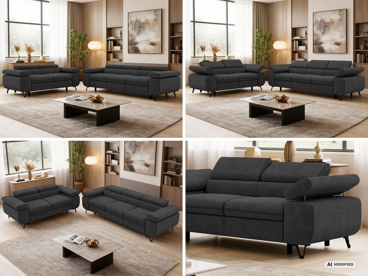 SITZGARNITUR PETER 2+3 - Dunkelgrau Stukture - Dunkelgrau/Graphitfarben, Textil/Metall (262/76/99cm) - MKS