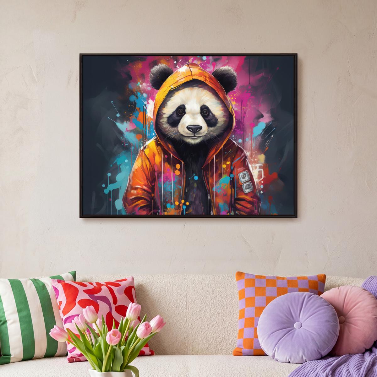 LEINWAND Bilder mit Rahmen - Panda - Jacke - Graffiti - Orange - 80x60 - Orange, Textil (80/60cm) - MuchoWow