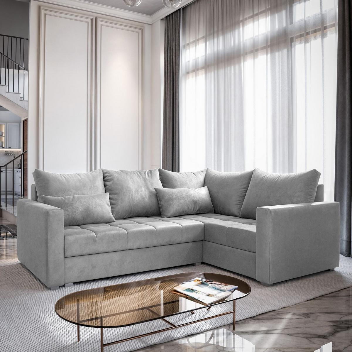 ECKSOFA LIRENO R-S Hellgrau Plüsch-Stoff mit Schlaffunktion - Hellgrau/Grau, Holz/Kunststoff (220/153cm) - MASSENO
