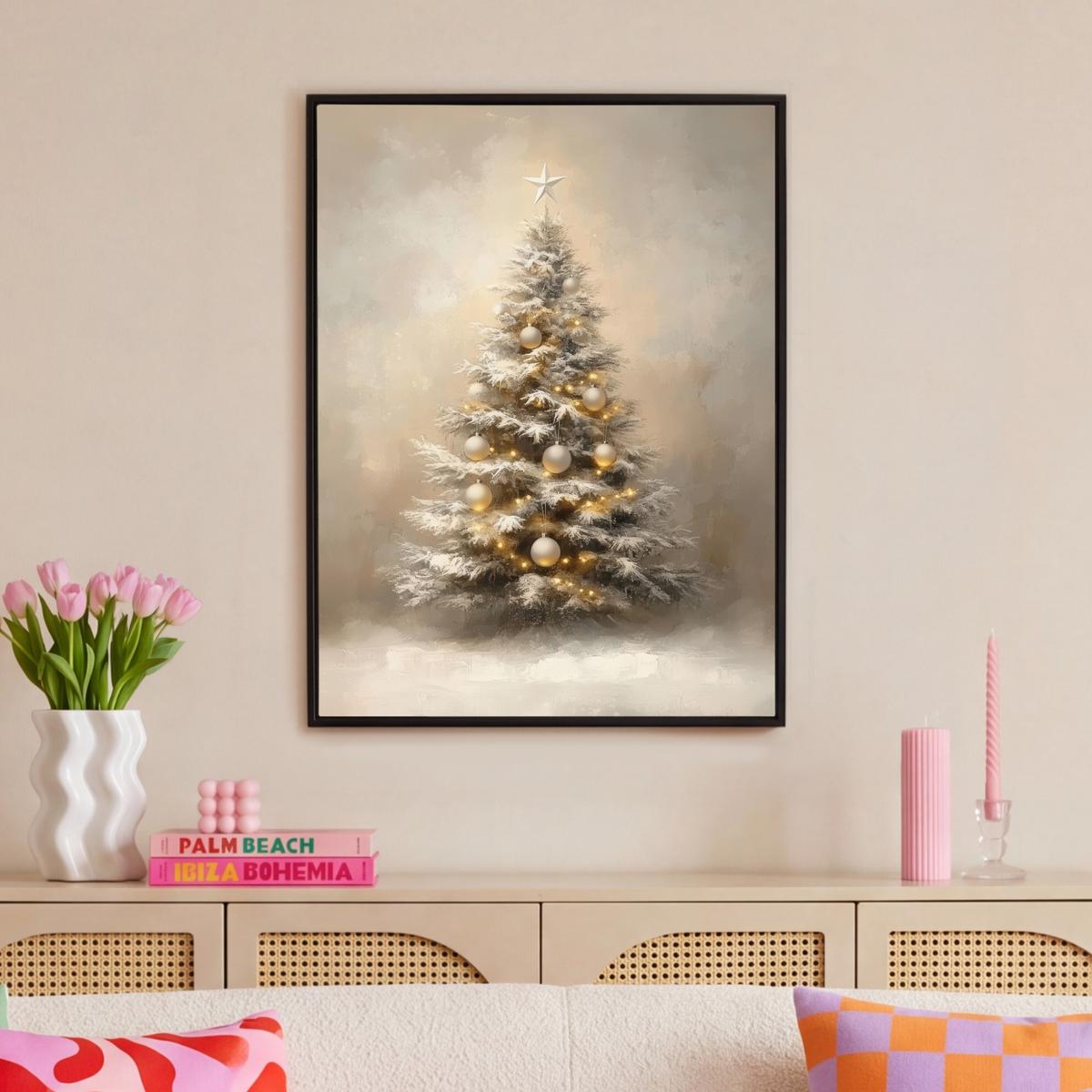 LEINWAND Bilder mit Rahmen - Weihnachten - Weihnachtsbaum - Schnee - Kunst - 70x100 - Champagner, Textil (70/100cm) - MuchoWow