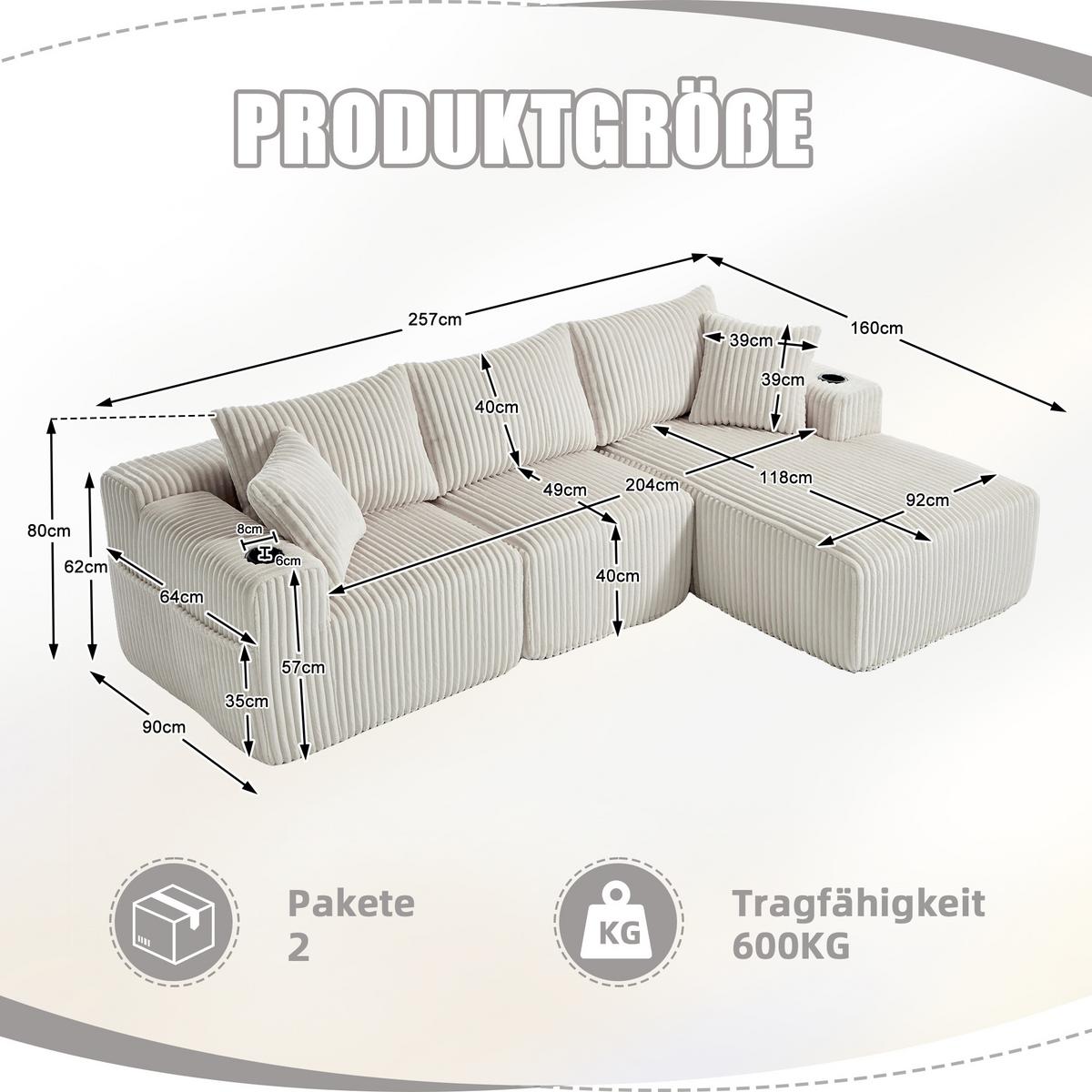ECKSOFA mit Chaiselongue Cord - Beige, Textil (257/160cm) - Urban Meuble