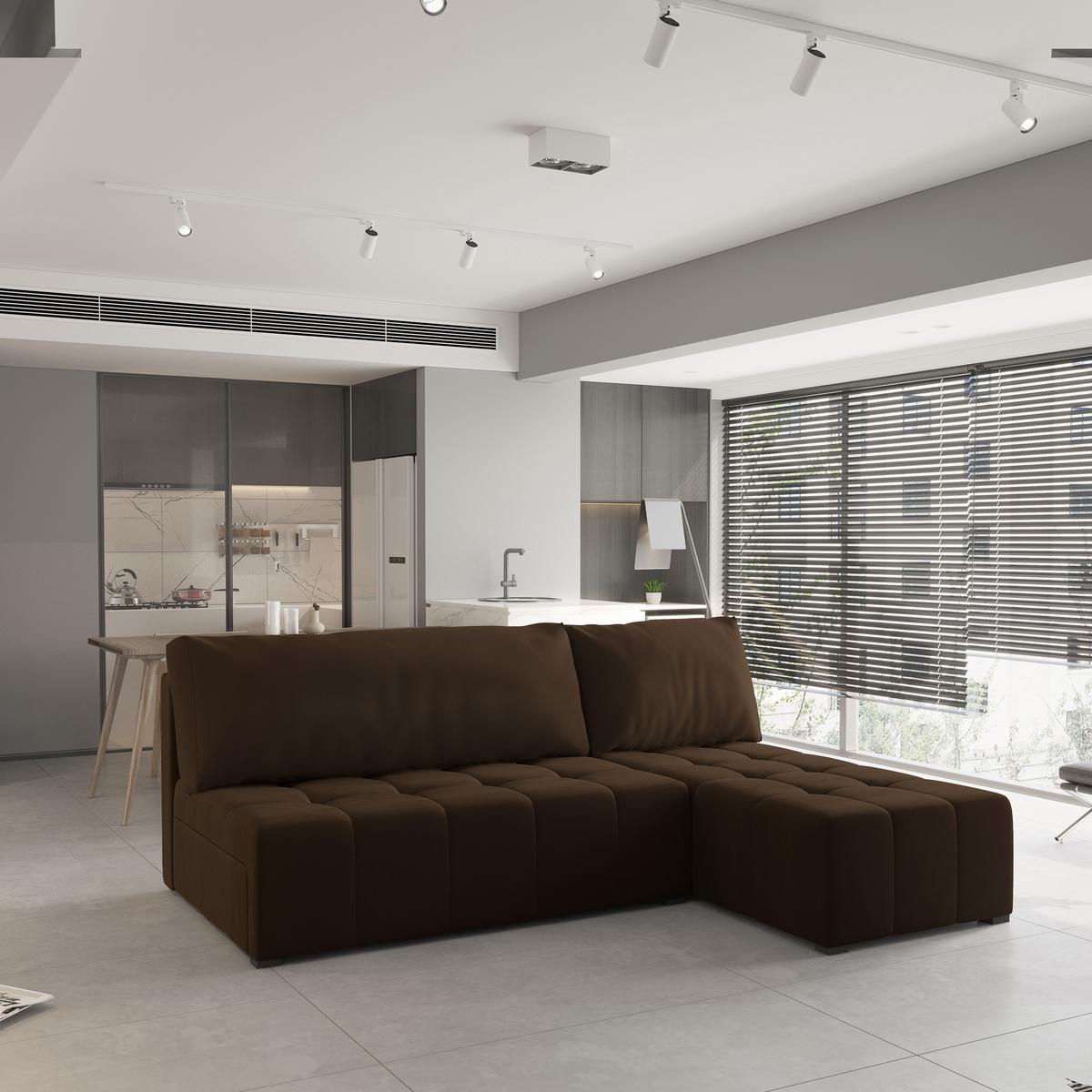 ECKSOFA DOMIRA Braun Plüsch-Stoff mit Schlaffunktion - Braun, Holz (200/141cm) - MASSENO