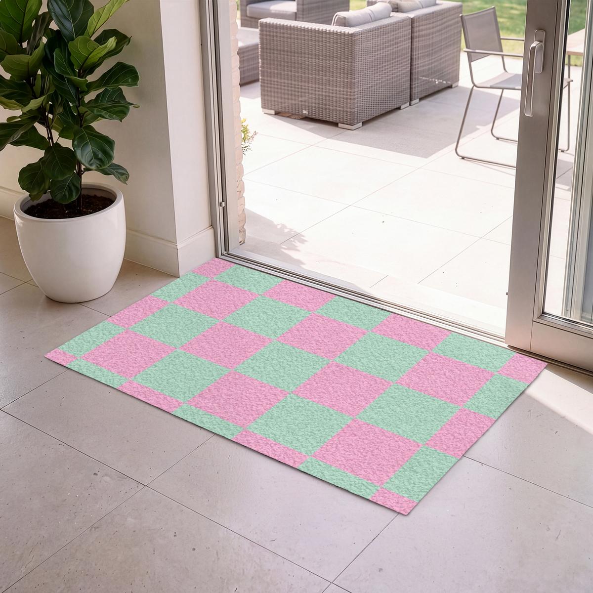 FUSSMATTE Schachbrettmuster - Grün - Rosa - Würfel Fußabtreter 120x80 cm - Mintgrün, Kunststoff (120/0.4cm) - MuchoWow