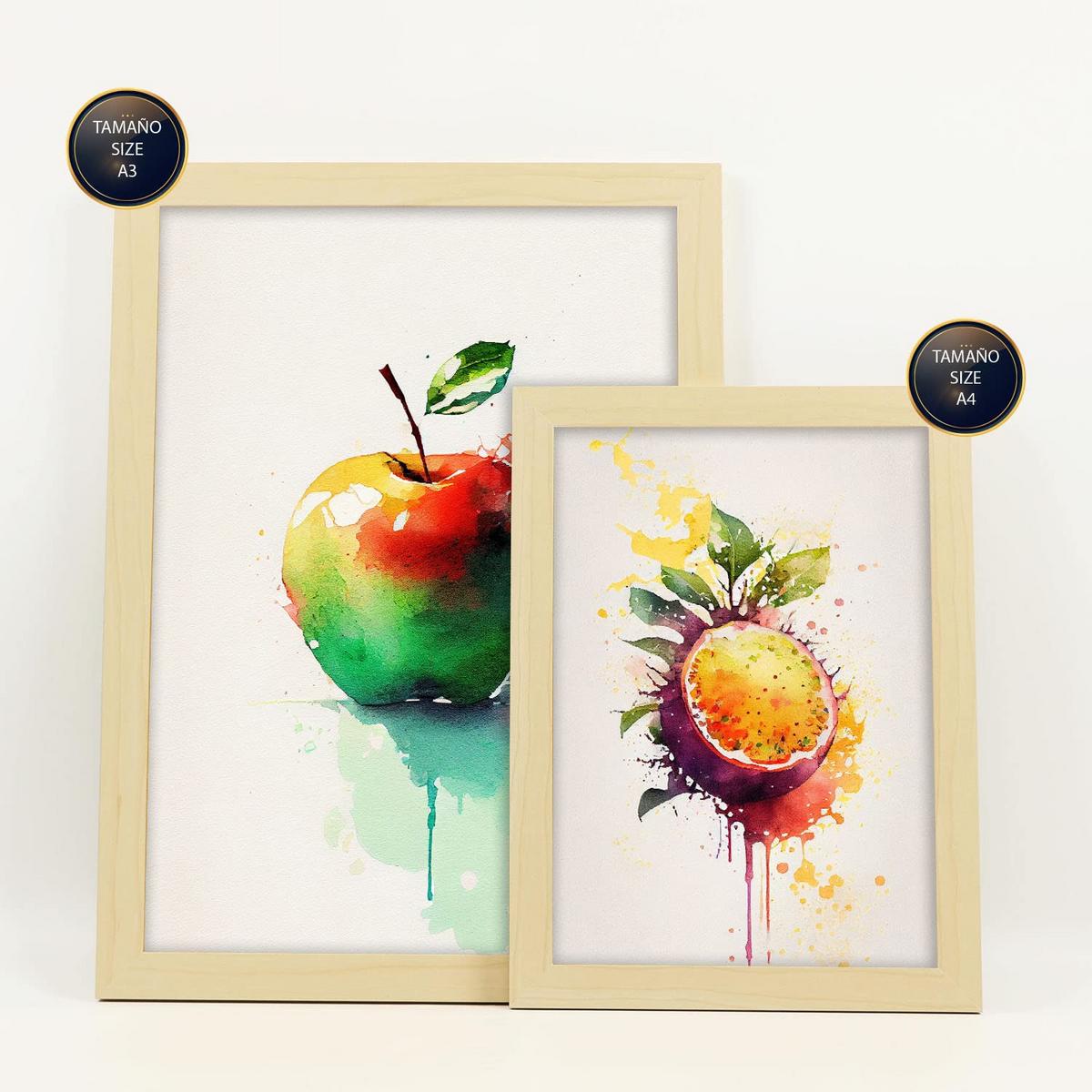 POSTER Set Mit 6 Regenbogenfrüchte Plakate Von Obst Gemüse & Gesunden Lebensmitteln Im Aquarell Kunst Auf Reinweißen A3 & A4 Rahmen Aus Hellem Holz - Beige, Papier (29/3cm) - Nacnic