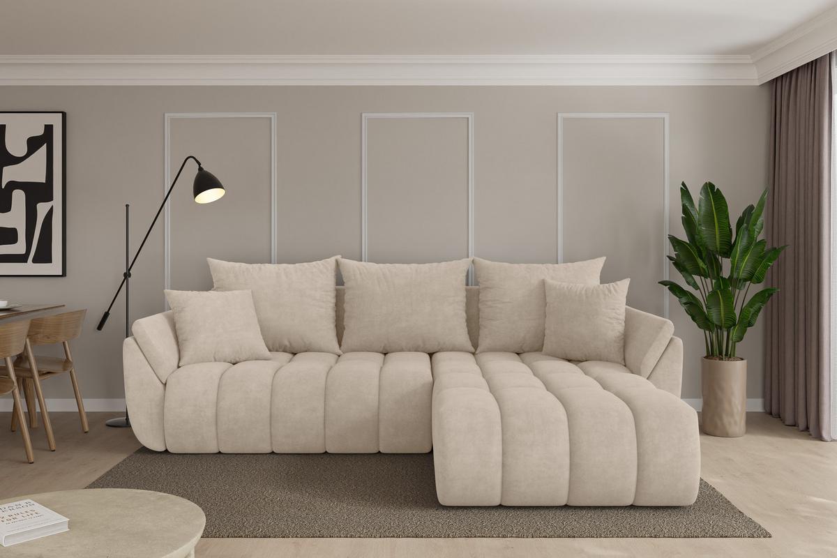 ECKSOFA mit Schlaffunktion Ottomane Rechts TOKO-L-v1 277x194x86 Beige Velours - Schwarz/Sahara, Holzwerkstoff/Kunststoff (277/194cm) - ALTDECOR