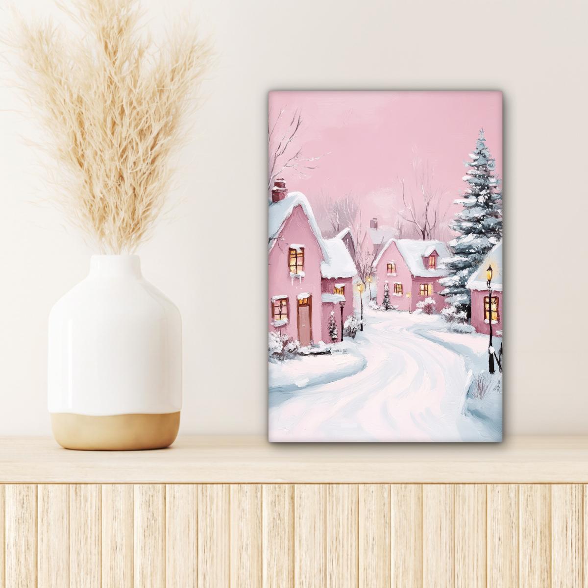 LEINWANDBILD Weihnachtsdorf - Rosa - Winter - Schnee - Häuser Deko Wohnzimmer 20x30 cm - Altrosa, Textil (20/30cm) - MuchoWow