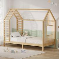KINDERBETT 90x200 cm mit Lattenrost Dach und Fenster Hausbett aus massivem Kiefernholz Natur - Naturfarben, Holz (90/200cm) - ML-DESIGN