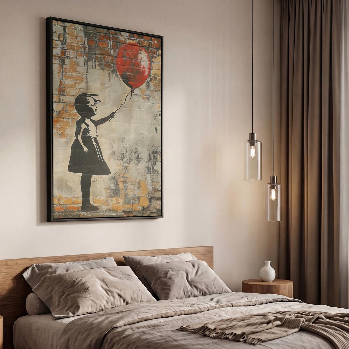 LEINWAND Bilder mit Rahmen - Graffiti - Banksy - Mädchen - Straßenkunst - 60x90 - Sandfarben, Textil (60/90cm) - MuchoWow