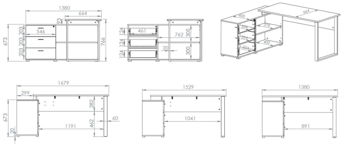 ECKSCHREIBTISCH Odelis mit 3 Schubladen 167 cm - Beige/Schwarz, Holzwerkstoff/Metall (138/167.9/76.6cm) - Selsey