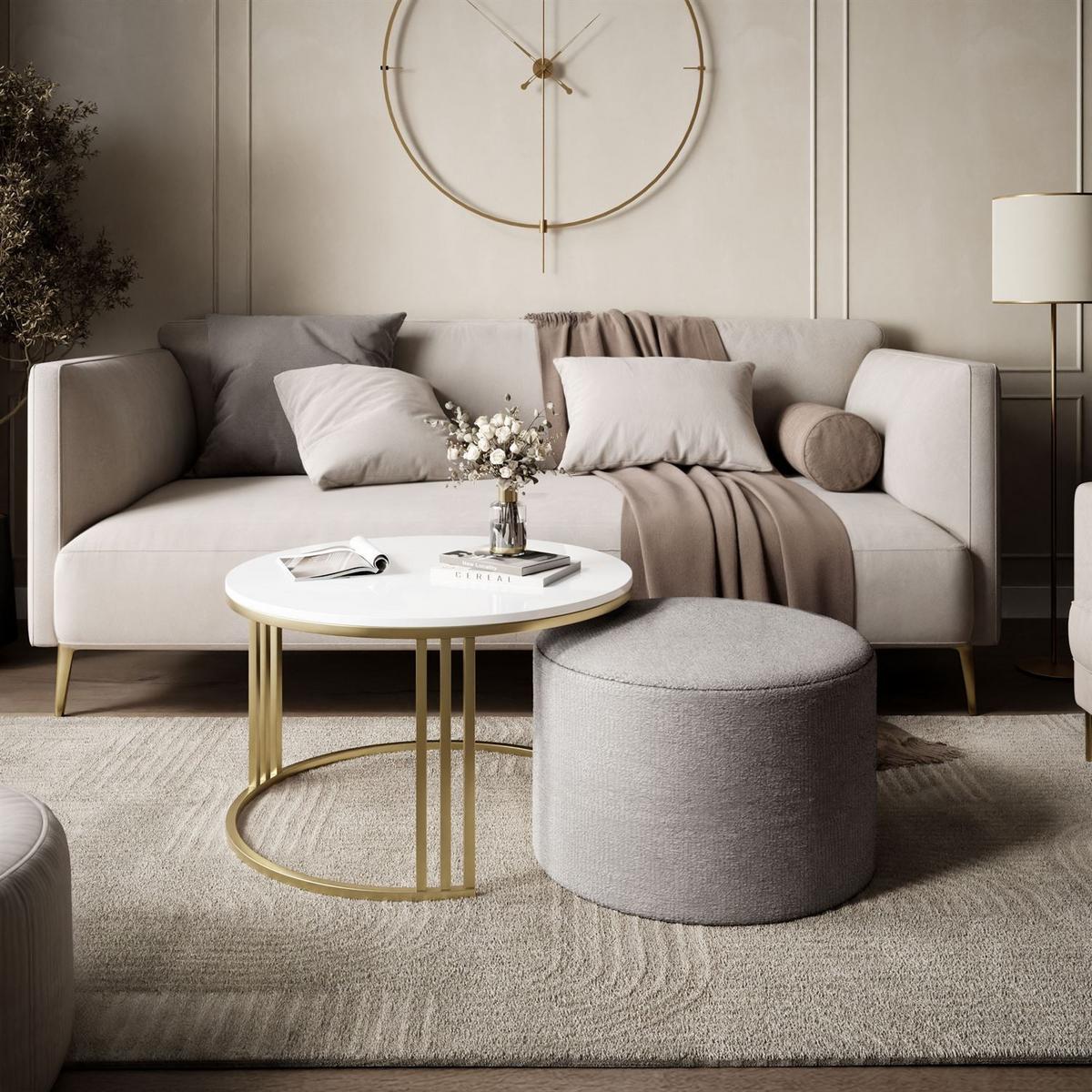 COUCHTISCH mit Hocker LORI Hochglanz gebürstetes Gold/weißer Glanz/Perfect Harmony 82 - Schwarz, Metall (70/70/49cm) - Lookway