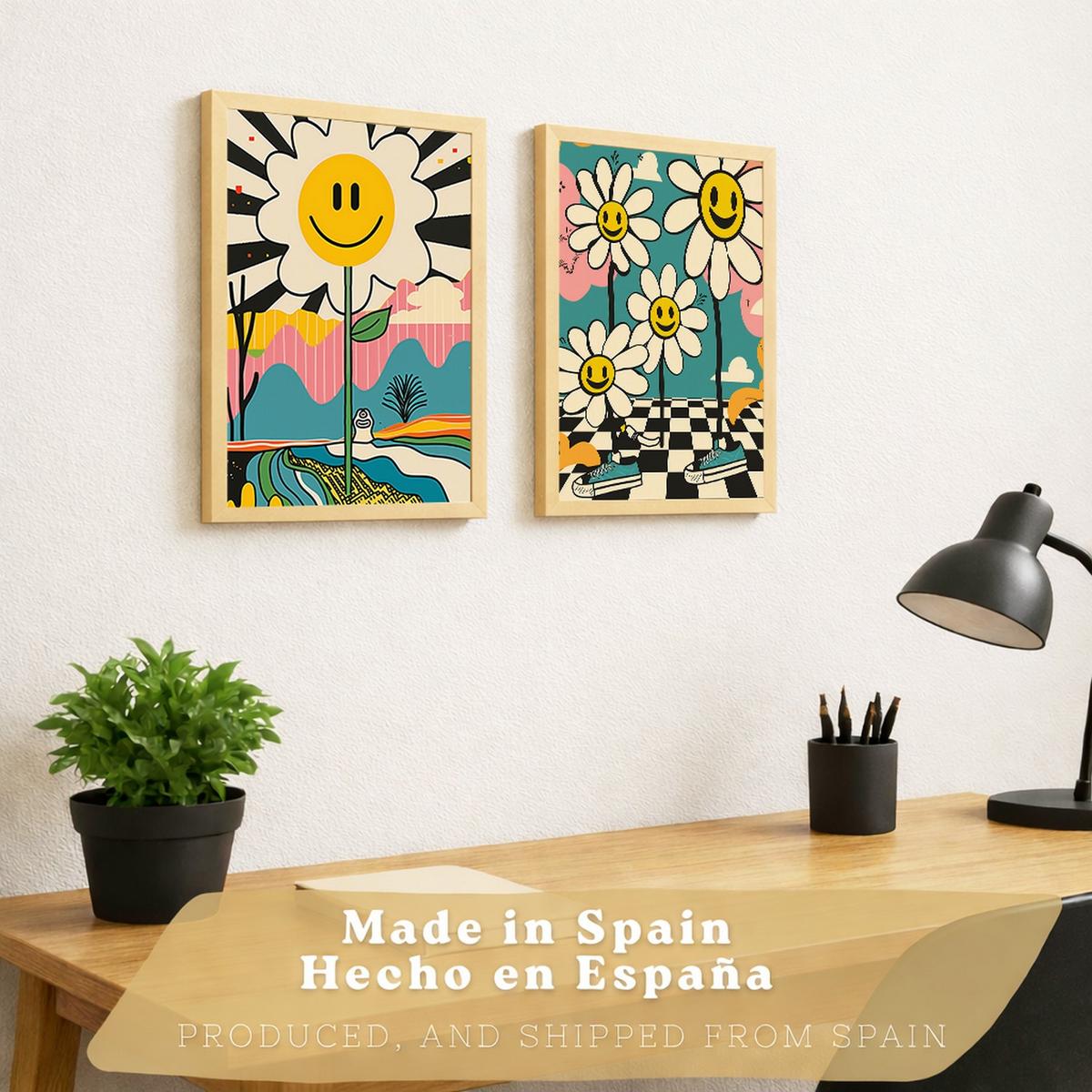 POSTER 4er Kunstdruck-Set Wandbilder Smiley Blume modern Wohnzimmer Deko, Schlafzimmer, Küche, Badezimmer Leichter Holzrahmen A3 - Beige, Papier (29.7/1/42cm) - Nacnic