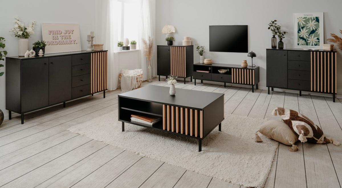 KOMMODE schwarz, Eiche Artisan 118, Sideboard mit viel Stauraum - Schwarz/Eiche Artisan, Holzwerkstoff/Metall (118/90/40cm) - Furn.Design