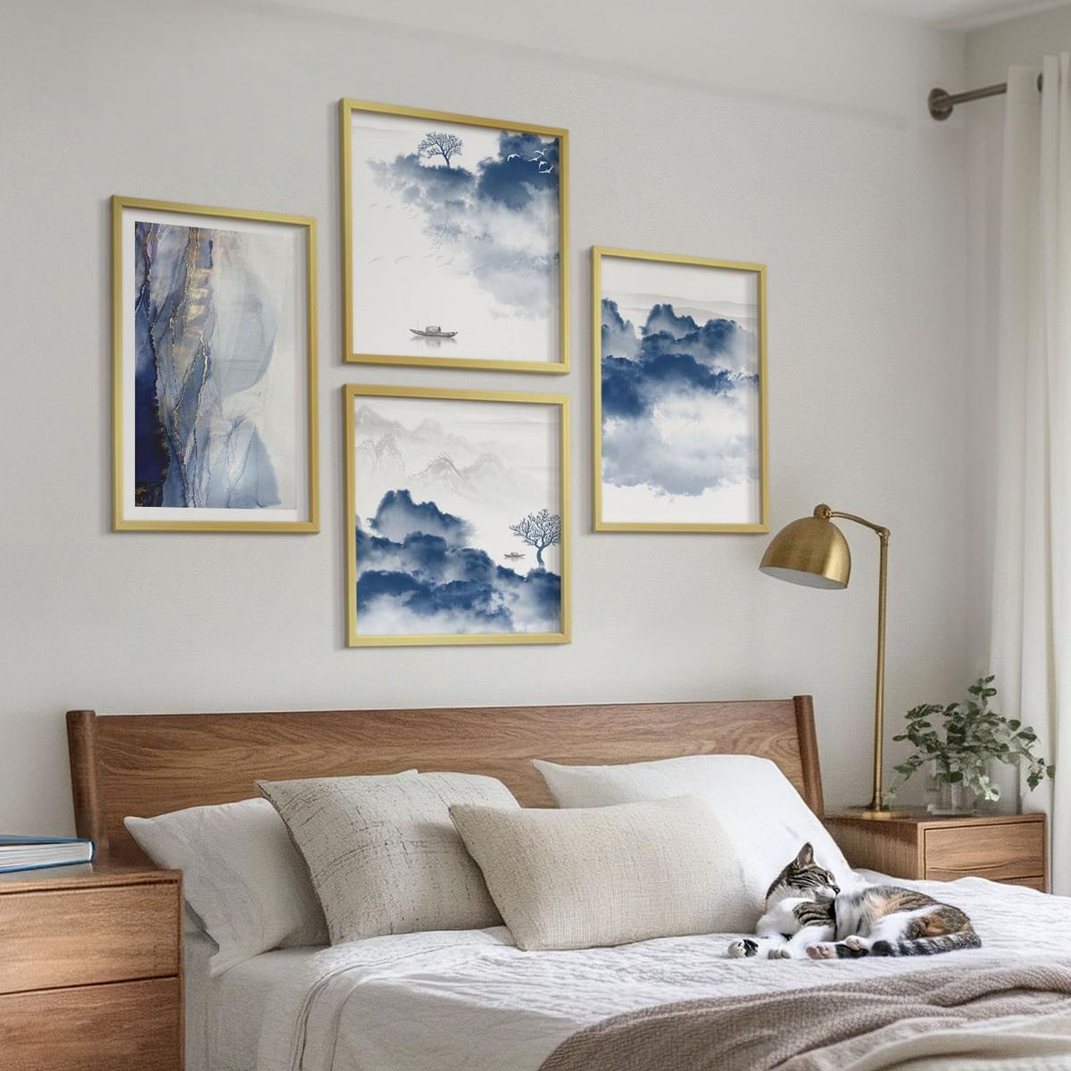 BILDER SET 4er Set - 50x50 cm & 40x60 cm Goldrahmen - Berge, Wolken, Bäume, Vögel im Hintergrund - Goldfarben, Kunststoff (50/50cm) - TULUP